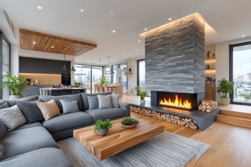 Modern open-plan living area with fireplace