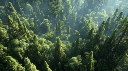 Fototapeta premium Experiencing the peace and grandeur of a lush vibrant forest from a bird s eye view immersed in gentle misty sunlight