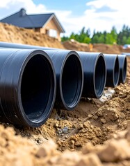 Large black pipes in a sandy trench near a house