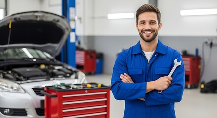 A smiling professional mechanic in blue overalls holds a wrench, standing in an auto repair garage.
