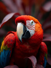 Extreme close-up of a scarlet macaw with vivid red