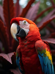 Extreme close-up of a scarlet macaw with vivid red