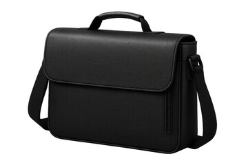 Classic black leather briefcase with shoulder strap, isolated on transparent background, perfect for business and professional use