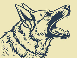 Stylized illustration of a howling wolf head with open mouth and sharp teeth