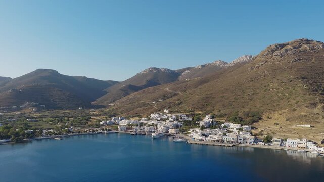 Aerial view of mediterranean coastal village with timeless Cycladic charm, Katapola, Amorgos, Greece