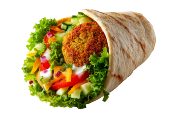 Tasty falafel wraps in pita filled with lettuce, tomato, cucumber, onion, and tahini drizzle sauce isolated on white background, concept of healthy vegetarian lunch