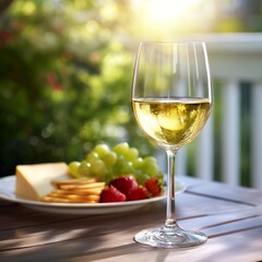 Glass of White Wine with Cheese and Fruit on a Sunny Patio