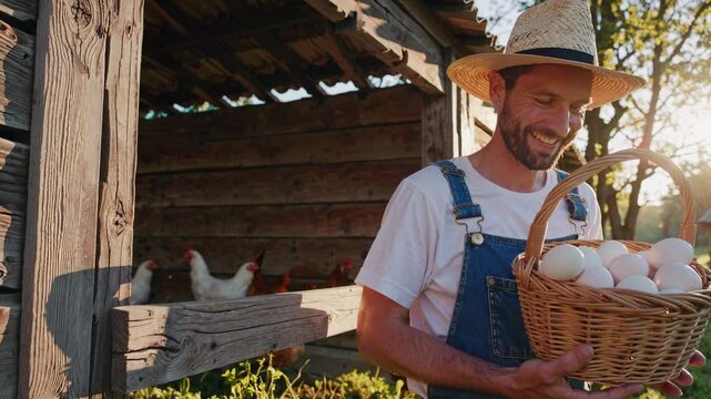 A smiling Caucasian man in a straw hat and overalls holds a basket of fresh eggs outside a rustic wooden coop. Chickens roam in the background under sunlight. Farm living