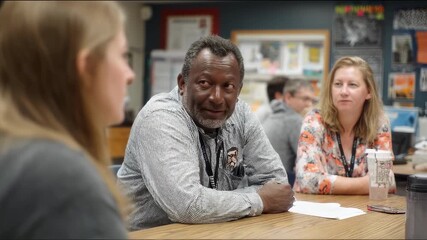 The high school principal engages in a thoughtful discussion with faculty members in a conference room fostering collaboration and shared decisionmaking.