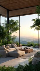 Modern outdoor living space overlooking mountains