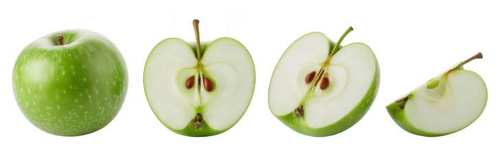 Green apple whole and sliced showing seeds and core isolated on transparent background