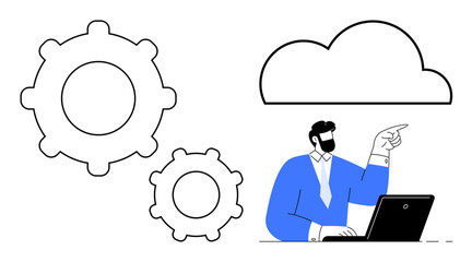 Man working on laptop pointing at cloud graphic with large gears beside him. Ideal for technology, cloud computing, automation, teamwork, innovation, business strategy, digital transformation. Simple