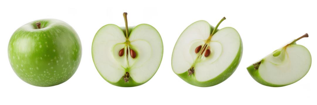 Green apple whole and sliced showing seeds and core isolated on transparent background