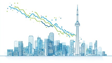 Declining economic indicators over a city skyline.