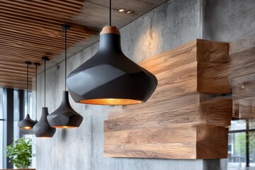 Modern pendant lights above wooden wall