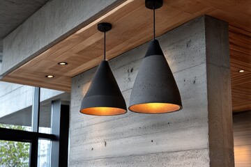 Modern pendant lamps on concrete wall