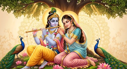 Lord krishna and radha sitting under a tree playing flute surrounded by peacocks and lotuses
