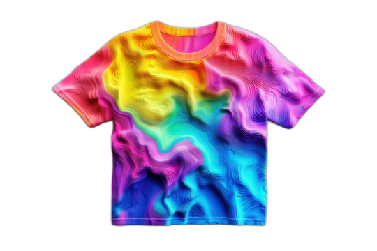 Colorful t-shirt with vibrant swirl pattern isolated on transparent background.