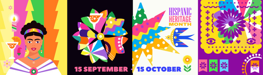 National Hispanic heritage month banner with girl, papel picado, guitar Hispanic and Latino Americans culture, event Celebrate annual october in United States Vector illustration template background