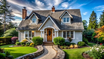 Charming lightcolored suburban home with a winding stone pathway and lush garden, bathed in warm afternoon light