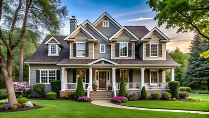 Fototapeta premium Impressive gray suburban residence with elegant architecture, manicured landscaping, and a welcoming porch during golden hour
