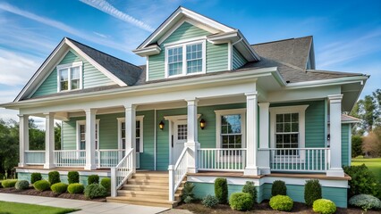 Beautiful green craftsmanstyle house with a large wraparound porch and manicured lawn under a blue sky with wispy clouds