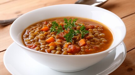 Hearty Red Lentil Soup in White Bowl on Wooden Table