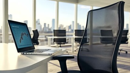 Modern office interior with financial charts on laptop and city skyline - Powered by Adobe