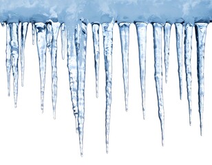 Fototapeta premium Numerous icicles hang against a white background, showcasing varying lengths and textures of frozen water