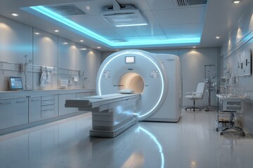 Hospital room features large MRI machine for advanced medical imaging and diagnostic procedures in a sterile environment