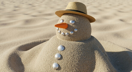 Snowman made from sand with seashells and straw hat on tropical beach. Christmas character adaptation for warm climate holiday celebration and exotic vacation marketing