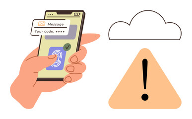 Hand using fingerprint to unlock smartphone with code notification, alongside cloud and warning alert. Ideal for data security, digital authentication, privacy, cloud storage, cybersecurity, access