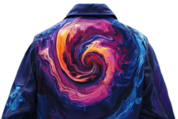 Colorful jacket with swirl design on back isolated on transparent background.