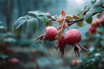 Frosted red rose hips hanging on a branch in a serene garden during a chilly morning in late autumn