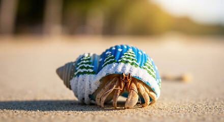 Hermit crab wearing christmas sweater with winter pattern crawling on sandy beach. Holiday marine animal with festive clothing for exotic new year cards and coastal marketing