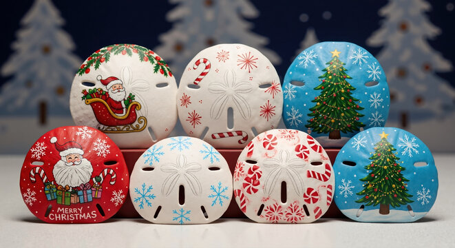 Christmas themed sand dollars with painted holiday designs arranged on snowy background. Festive seashell decorations for exotic new year crafts and coastal holiday marketing