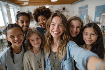 Fototapeta premium Friends share joyful moments as they take a selfie with children in a lively school environment filled with laughter and smiles during a fun day