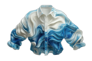 Blue and white shirt with white swirl pattern isolated on transparent background.