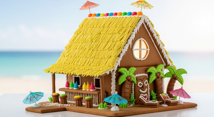 Gingerbread beach house with thatched roof and tropical decorations including palm trees and umbrellas. Christmas cookie architecture for exotic holiday baking and seasonal confectionery marketing