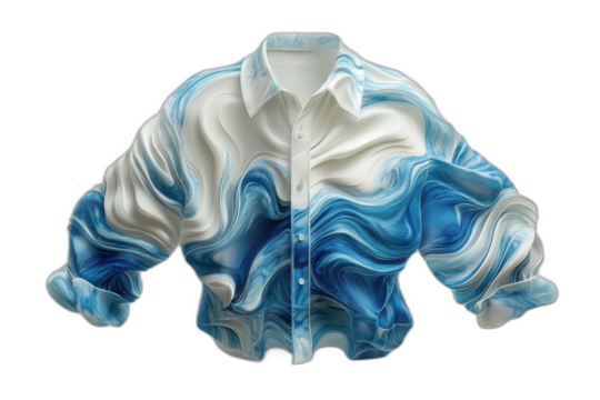 Blue and white shirt with white swirl pattern isolated on transparent background.
