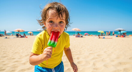 Child eating colorful popsicle on sunny tropical beach during summer vacation. Refreshing frozen treat enjoyment for holiday relaxation and seasonal ice cream marketing campaigns