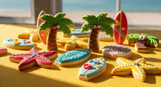Tropical themed cookies shaped as palm trees and surfboards on yellow surface. Christmas baking with exotic design for holiday party treats and seasonal bakery promotion