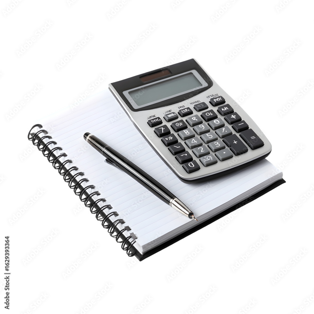 Wall mural a calculator and pen resting on a spiral notebook against a black background in a studio shot on tra