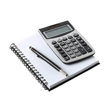 A calculator and pen resting on a spiral notebook against a black background in a studio shot on transparent background