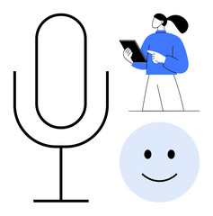 Simplistic black microphone, smiling blue face, and a woman holding a tablet in blue attire. Ideal for communication, technology, digital media, user feedback, virtual interaction, podcast simple