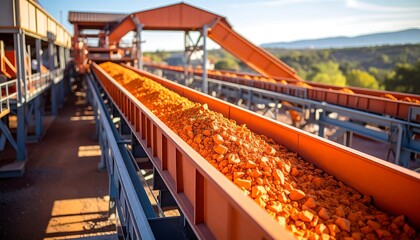 Orange ore moves along industrial conveyor belts in a mining facility