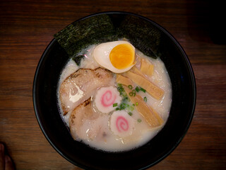 Traditional Japanese Tonkotsu Ramen with Chashu and Soft-Boiled Egg.