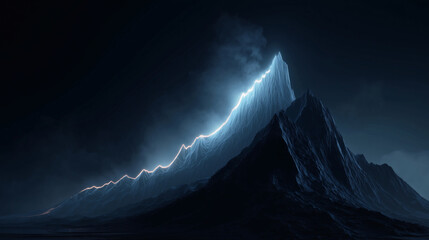 A clean, glowing line graph hologram is projected in a dark space. The line moves sharply upwards, forming the shape of a mountain range and ending at a triumphant high peak.