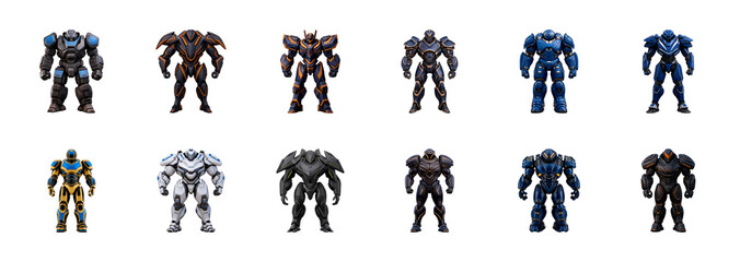 Collection of robotic figures in various color schemes.