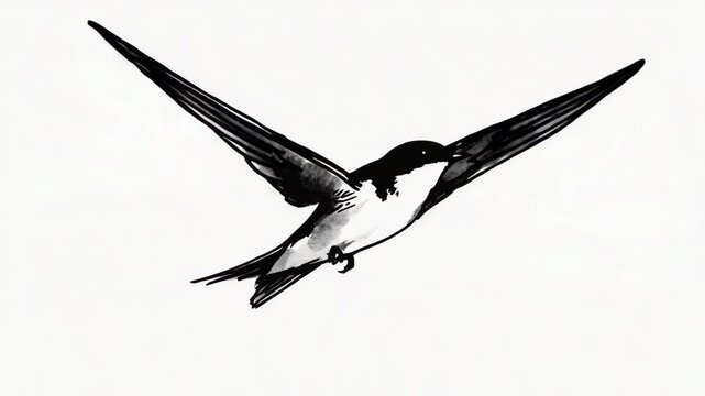 Ink illustration, Swallow in flight, simple elegant lines, monochrome aesthetic, delicate and timeless beauty
